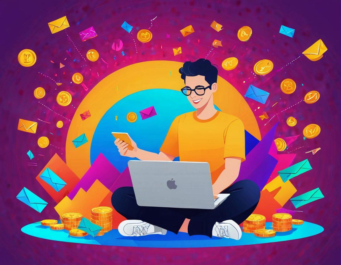 A vibrant and engaging scene depicting a person joyfully checking their emails on a laptop, surrounded by floating digital coins and reward symbols signifying income generation. Include a colorful graph in the background showing rising profits, and empty envelopes scattered around signifying opportunities. Bright, inviting colors to create a sense of excitement and positivity. vector art. vibrant colors.