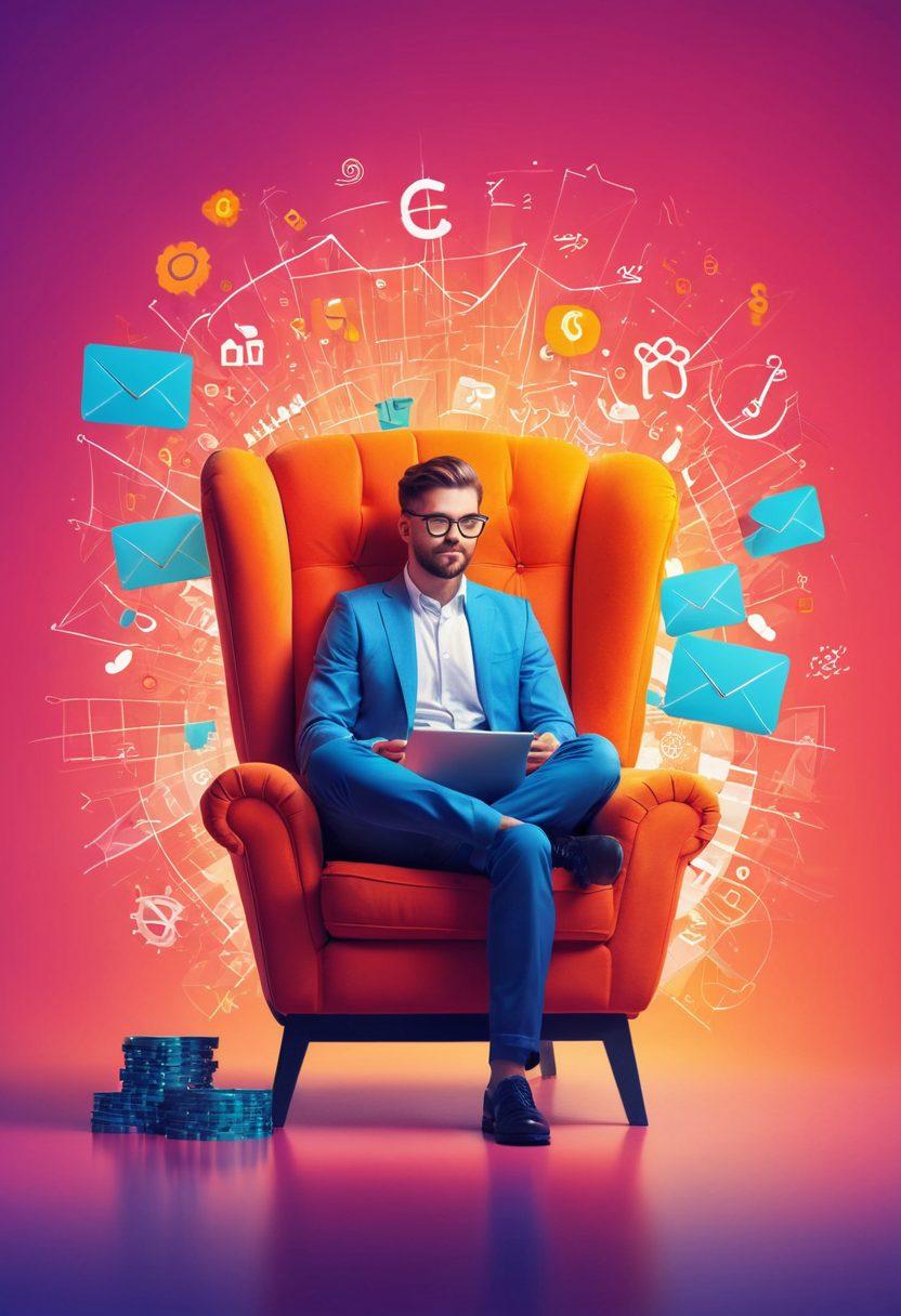A vibrant and eye-catching illustration of a person lounging in a cozy chair, surrounded by floating emails with dollar signs and profit charts emerging from them. The scene should have a bright, inviting color palette, evoking feelings of relaxation and financial gain. Include subtle digital elements to represent passive income, like gears and graphs. The background should be airy and light to reflect positivity and opportunity. whimsical style. vibrant colors. soft focus.