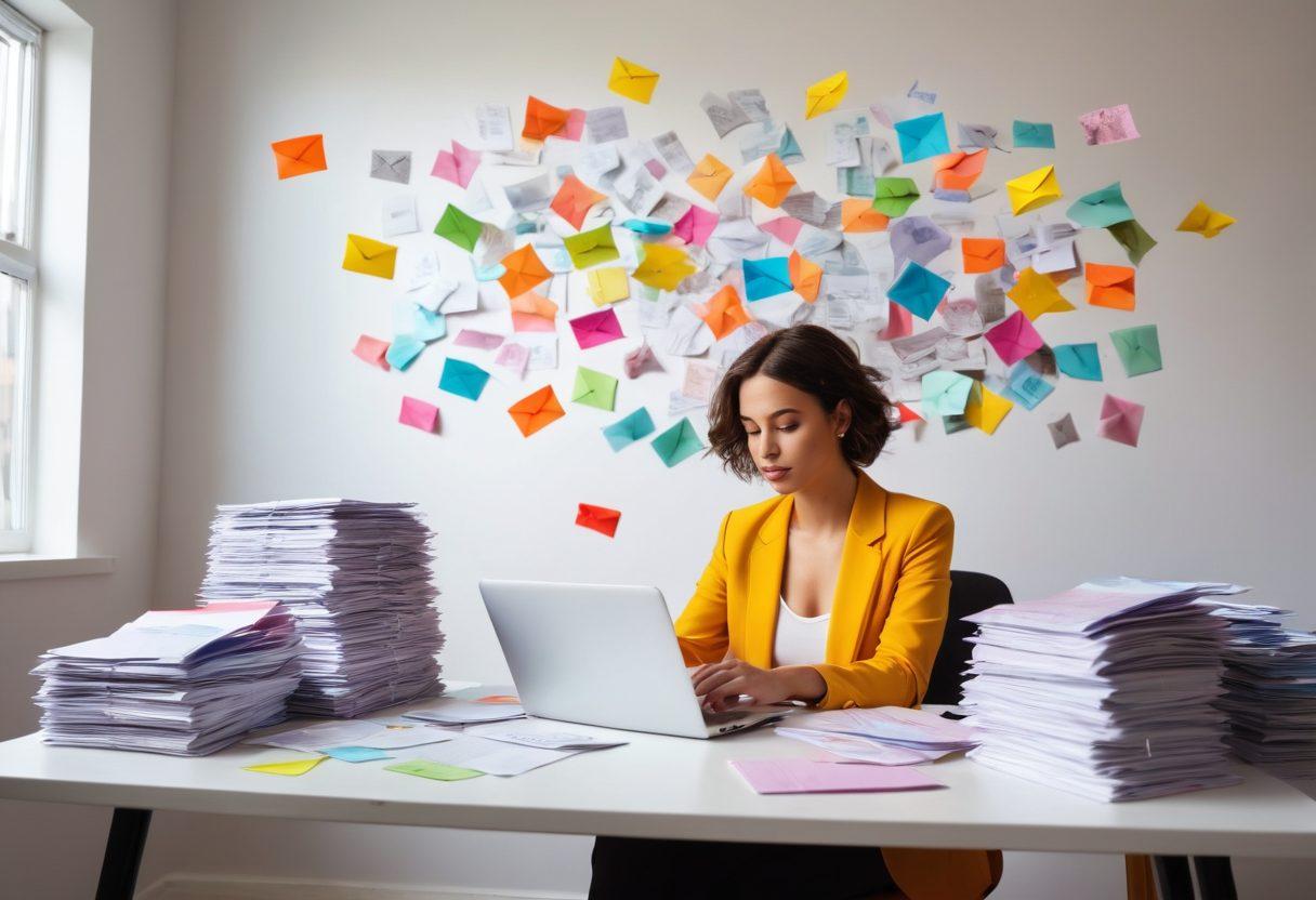 A person sitting comfortably at a desk, illuminated by soft natural light, intently reading emails on a laptop while surrounded by piles of colorful envelopes representing opportunities. Above their head, floating dollar signs symbolize earnings, and there's a motivational poster on the wall saying 'Maximize Your Earnings'. The scene should convey a sense of productivity and excitement about potential income. super-realistic. vibrant colors. white background.